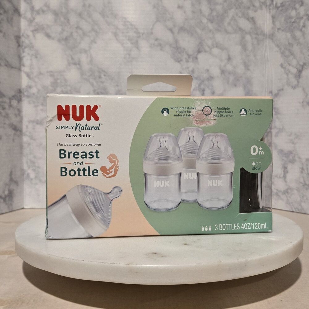 Baby Bottles Glass NUK Simply Natural 4 oz 3ct Breast And Bottle 0+m Slow Flow